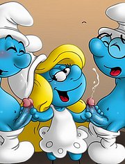 Smurfette stroking Brainy and Clumsy